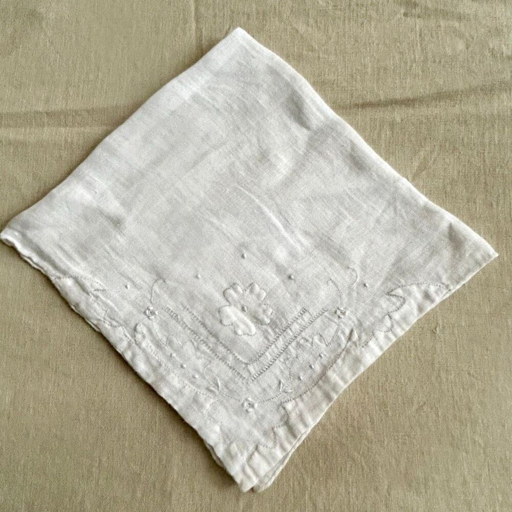 Vintage Sheer White on White Flower Dainty Handkerchief Ladies Hankie